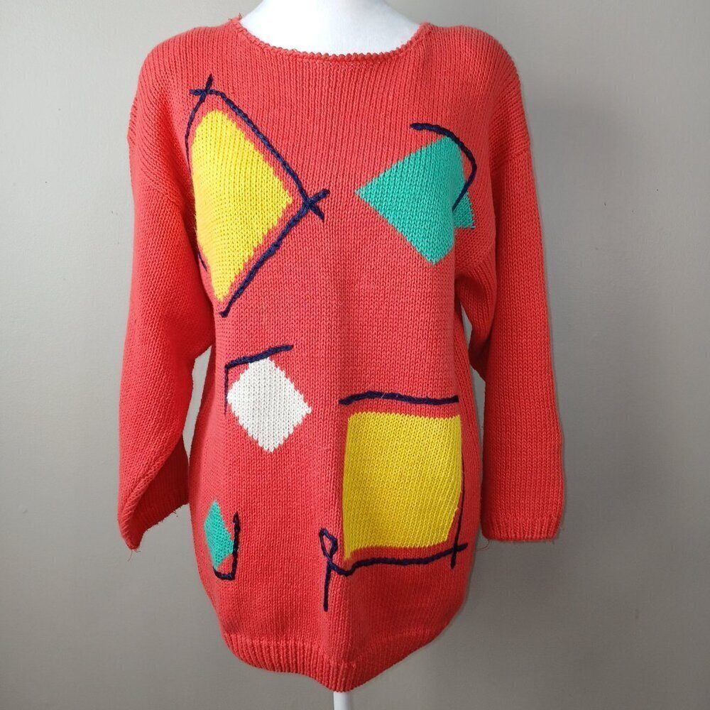 VINTAGE Y2K CHAUS SWEATER RED WITH GEOMETRIC DESIGN WOMENS MEDIUM